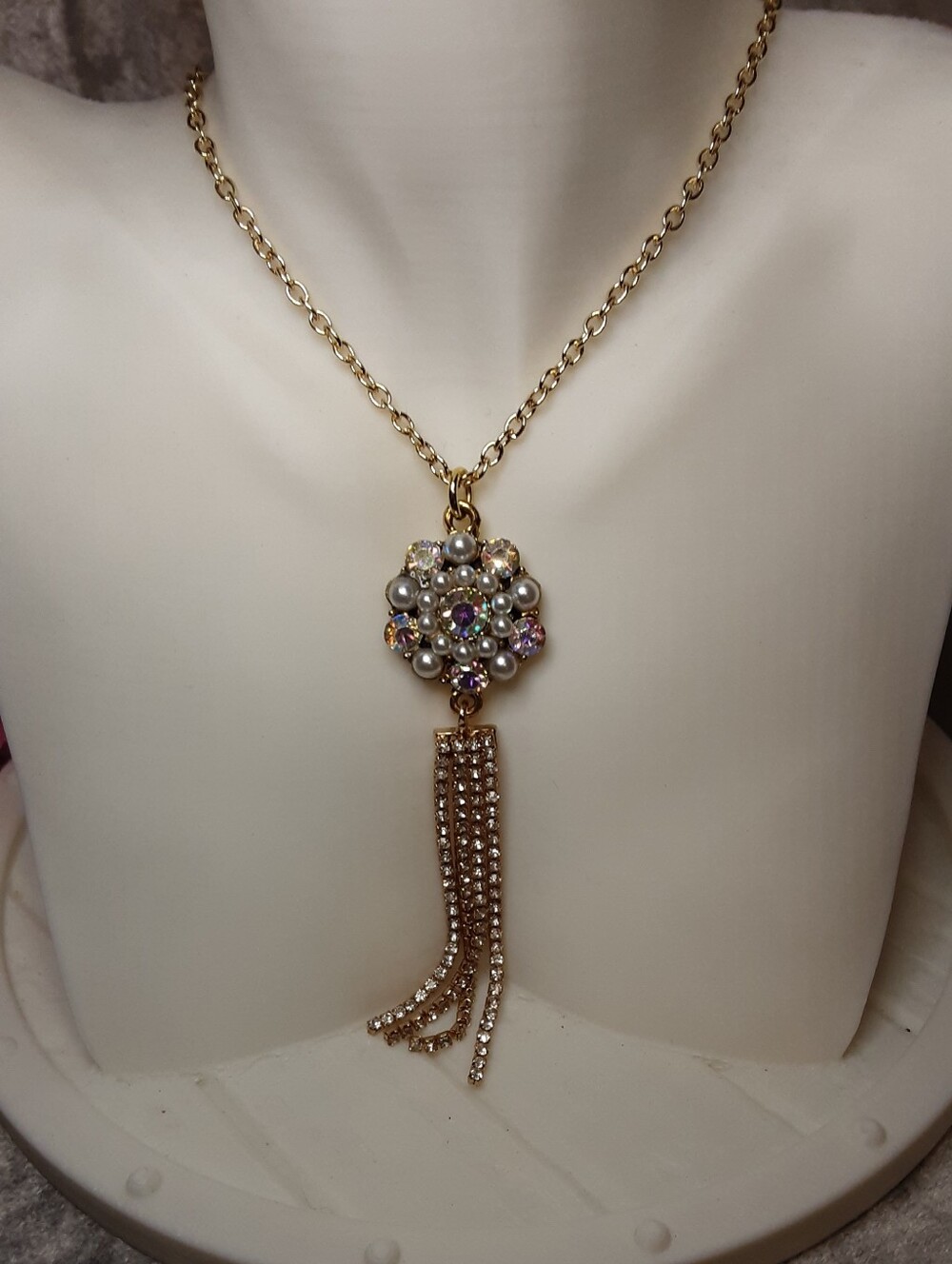 Hand Crafted Gold-Tone Floral Pearl & Crystal Tassel Necklace 18" Long Chain
